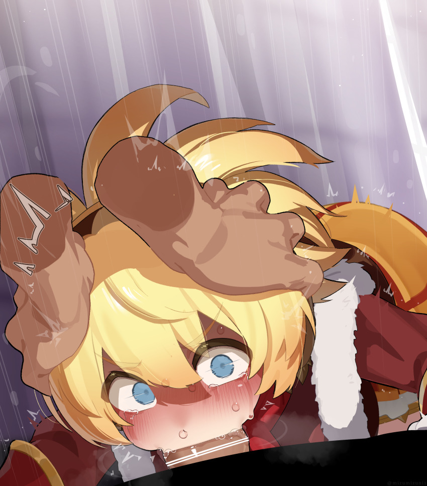 1boy 1girl absurdres bar_censor blonde_hair blue_eyes blush censored deepthroat fellatio fur-trimmed_jacket fur_trim hands_on_another&#039;s_head hetero highres irrumatio jacket looking_at_viewer megido72 mizumizuni oral penis red_jacket red_scarf scarf shax_(megido72) sweat