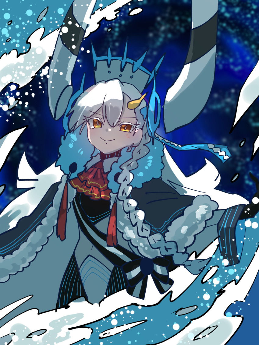 1girl ascot black_bodysuit black_cape bodysuit braid cape closed_mouth clothing_cutout commentary_request e-aqua_marie fate/grand_order fate_(series) fur-trimmed_cape fur_trim hair_between_eyes hat highres horns hydrokinesis long_hair looking_at_viewer navel olga_marie_animusphere red_ascot single_horn smile solo stomach_cutout u-olga_marie very_long_hair viletya water white_hair white_hat yellow_eyes