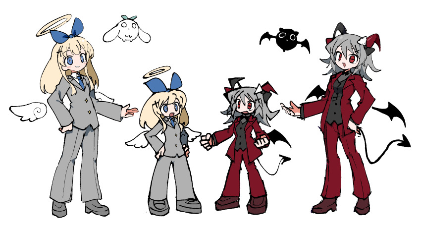 2girls :d asymmetrical_horns black_bow black_bowtie black_vest black_wings blonde_hair blue_bow blue_eyes blue_necktie blunt_ends blush_stickers bow bowtie breasts bright_pupils brown_shoes buttons center-flap_bangs clenched_hands collared_shirt cross cross_hair_ornament deformed demon_horns demon_tail demon_wings detached_wings double-parted_bangs dress_shirt formal_clothes full_body grey_bow grey_hair grey_jacket grey_pants grey_shirt grey_shoes hair_between_eyes hair_bow hair_ornament halo hand_on_own_hip hands_on_own_hips highres horizontal_pupils horn_bow horn_ornament horns inverted_cross jacket lapels large_bow long_hair long_sleeves medium_hair mismatched_horns multiple_girls multiple_views necktie notched_lapels odayaka open_clothes open_jacket open_mouth pants red_bow red_eyes red_jacket red_pants second-party_source shirt shoes simple_background small_breasts smile standing suit suit_jacket tail tententengokujigokugoku_(aiobahn) triangle_mouth two-tone_bow vest waistcoat white_background white_bow white_pupils white_shirt white_wings wings yellow_halo