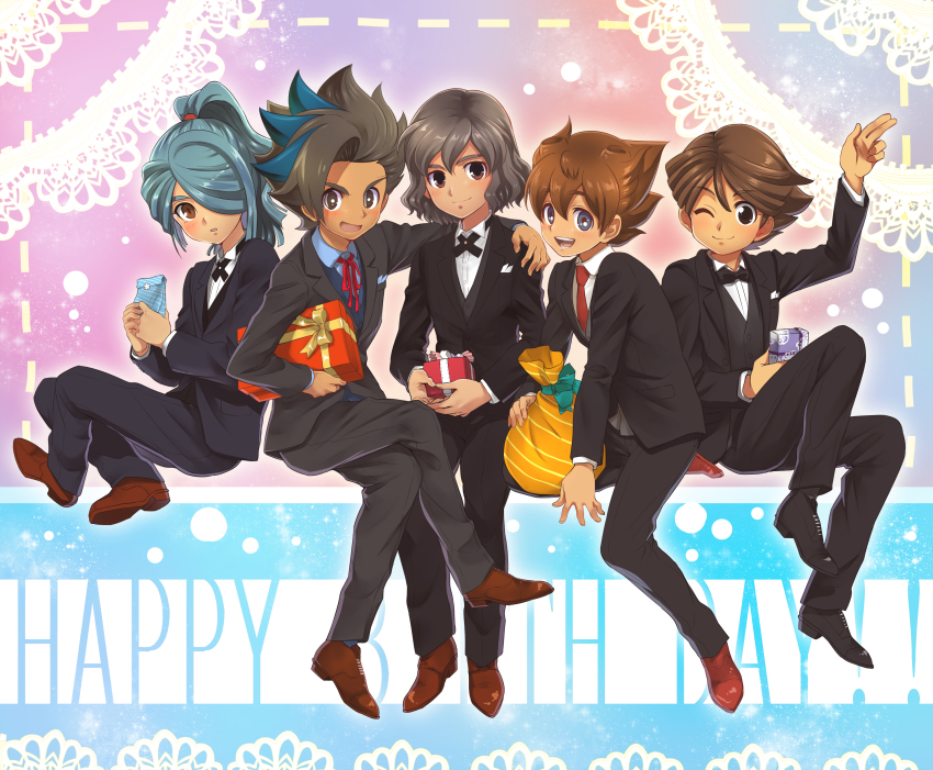 10s 5boys absurdres bad_id bad_pixiv_id blue_hair blush brown_eyes brown_hair crossover english_text formal_clothes gift hair_over_one_eye happy_birthday highres ichinose_kazuya inazuma_eleven inazuma_eleven_(series) inazuma_eleven_go inazuma_eleven_go_galaxy kazemaru_ichirouta long_hair looking_at_viewer male_focus matatagi_hayato matsukaze_tenma matsumoto_achi multicolored_hair multiple_boys necktie one_eye_closed open_mouth ponytail shindou_takuto short_hair sitting smile suit time_paradox two-tone_hair