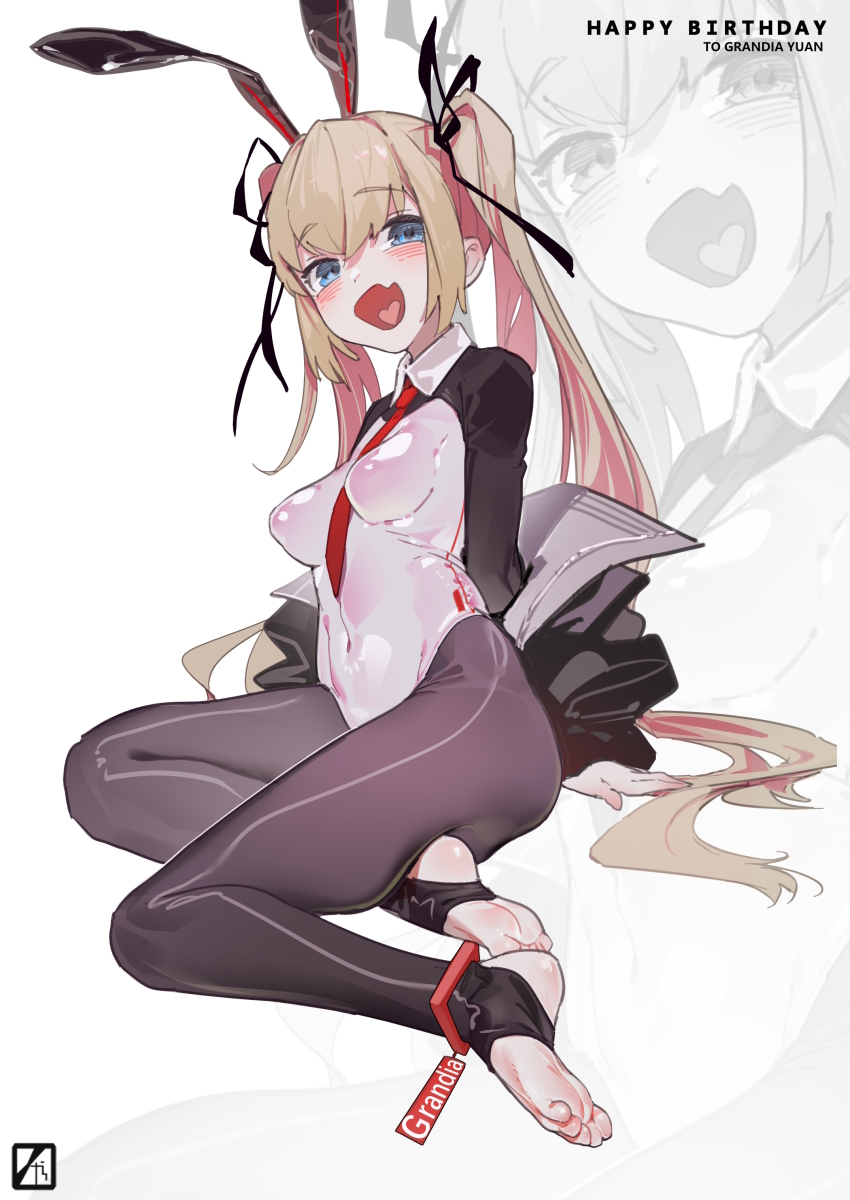 1girl absurdres animal_ears arm_support between_breasts black_pantyhose black_ribbon black_shrug blonde_hair blush breasts collared_shrug covered_navel fake_animal_ears fang feet hair_ribbon happy_birthday heart heart_in_mouth highres logo long_hair long_sleeves looking_at_viewer necktie necktie_between_breasts off_shoulder pantyhose prisoners_book_(artist) rabbit_ears red_necktie ribbon saenai_heroine_no_sodatekata sawamura_spencer_eriri shrug_(clothing) skin_fang solo stirrup_legwear toeless_legwear toes twintails very_long_hair white_background zoom_layer