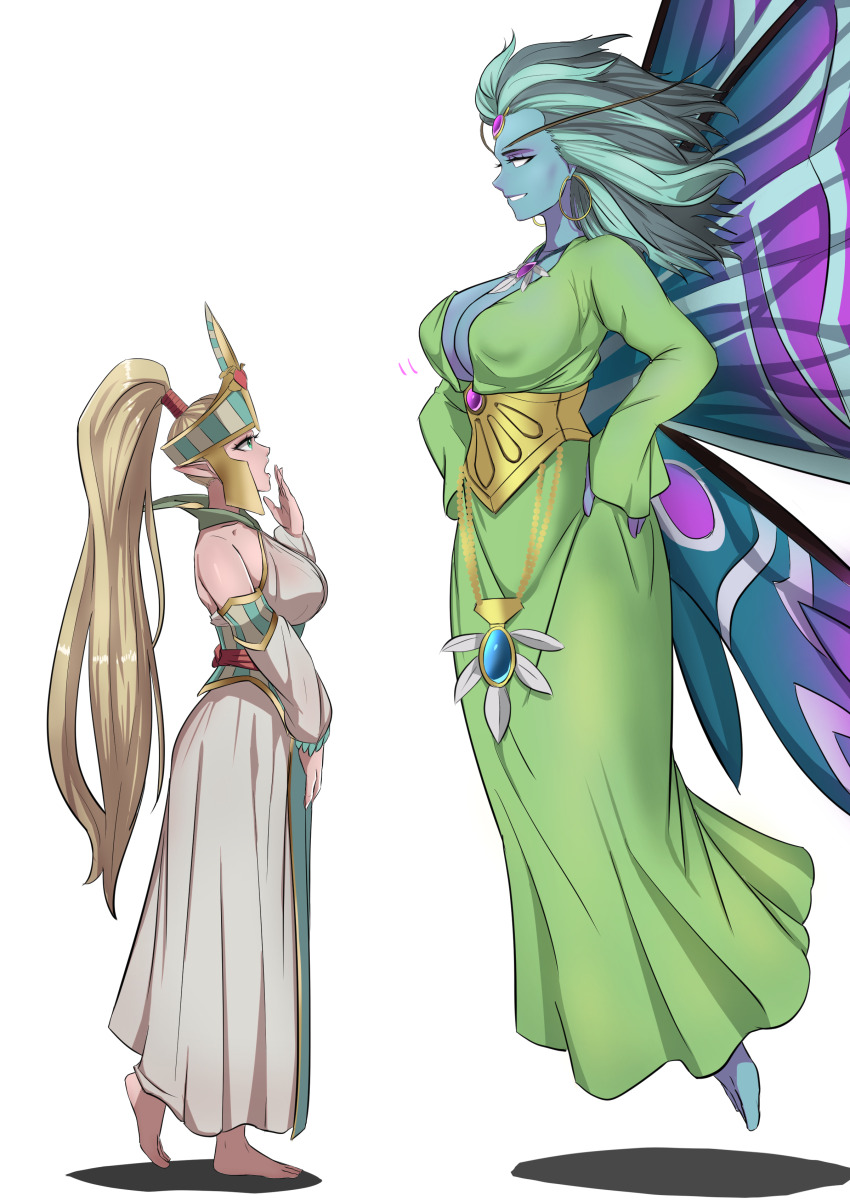 2girls :d absurdres aqua_eyes aqua_hair bad_id bad_pixiv_id barefoot blonde_hair blue_skin breasts butterfly_wings circlet colored_skin dress earrings elf full_body green_dress grin highres insect_wings isha jewelry large_breasts long_hair long_sleeves looking_at_another multiple_girls no_pupils open_mouth pointy_ears ponytail shadow simple_background smile teeth total_war total_war:_warhammer very_long_hair warhammer_40k warhammer_fantasy white_background white_dress white_sleeves wings zalupus