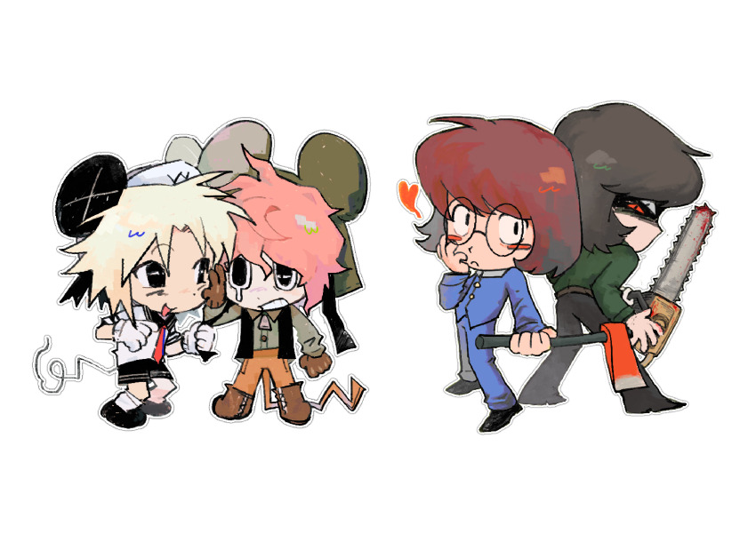 4boys absurdres aged_down animal_ears animal_hat axe axe_luther black_eyes blonde_hair blood bloody_weapon brown_hair chainsaw chibi dream_luther dual_persona extra_eyes gakuran glasses hat highres holding holding_axe holding_chainsaw kinder_surprised_michael_jr. looking_at_viewer luther_von_ivory male_focus mouse_boy mouse_ears mouse_hat mouse_tail multiple_boys pink_hair present_day_problem_takeuchi_robert pushing_away randal&#039;s_friends sailor school_uniform short_hair simple_background tail weapon white_background xianning233