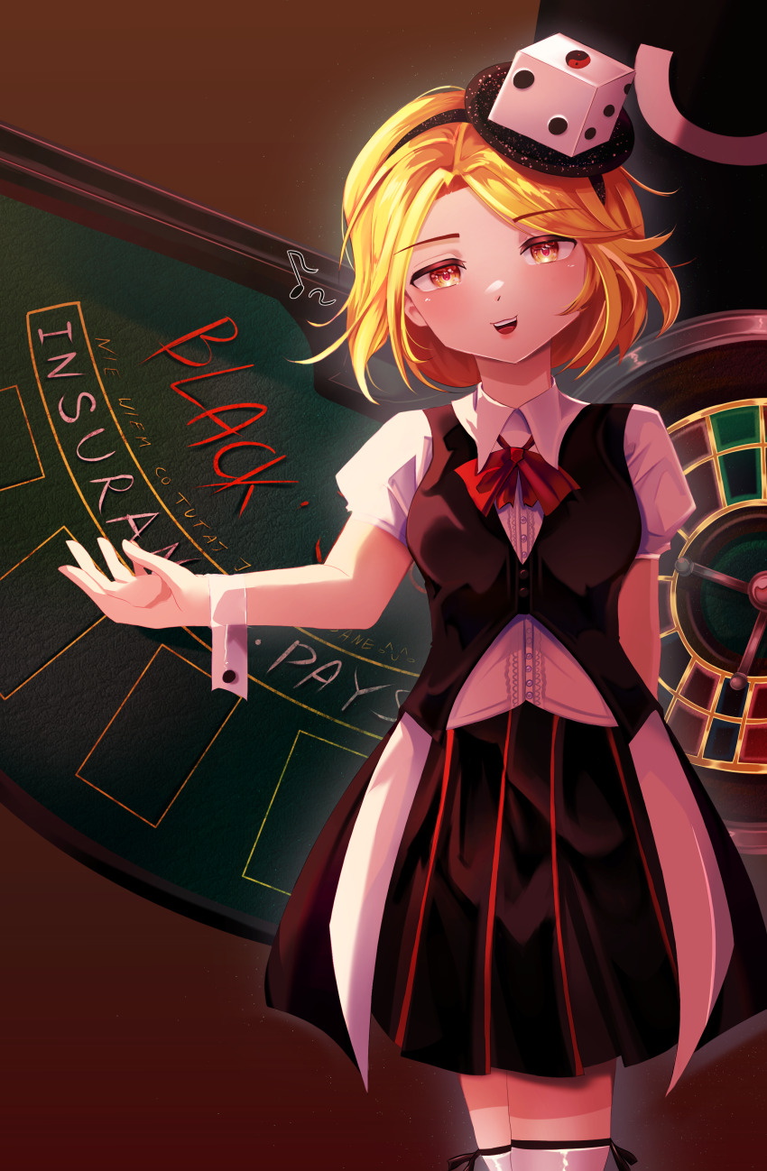 1girl absurdres black_hairband black_ribbon black_skirt black_vest blackjack_table blonde_hair bow bowtie breasts brown_background buttons coattails collared_shirt commentary cowboy_shot dice_hair_ornament dot_nose dress_shirt english_commentary eye_of_senri genderswap genderswap_(otf) hair_ornament hairband happy highres inister len&#039;en light_blush lips looking_at_viewer medium_breasts miniskirt musical_note open_mouth outline outstretched_arm parted_bangs pink_lips pleated_skirt puffy_short_sleeves puffy_sleeves red_bow red_bowtie ribbon ribbon_legwear roulette_table shirt short_hair short_sleeves simple_background skirt smile solo striped_clothes striped_skirt table teeth thighhighs upper_teeth_only vertical-striped_clothes vertical-striped_skirt vest white_outline white_shirt white_thighhighs white_wrist_cuffs wrist_cuffs xeno_a yellow_eyes zettai_ryouiki