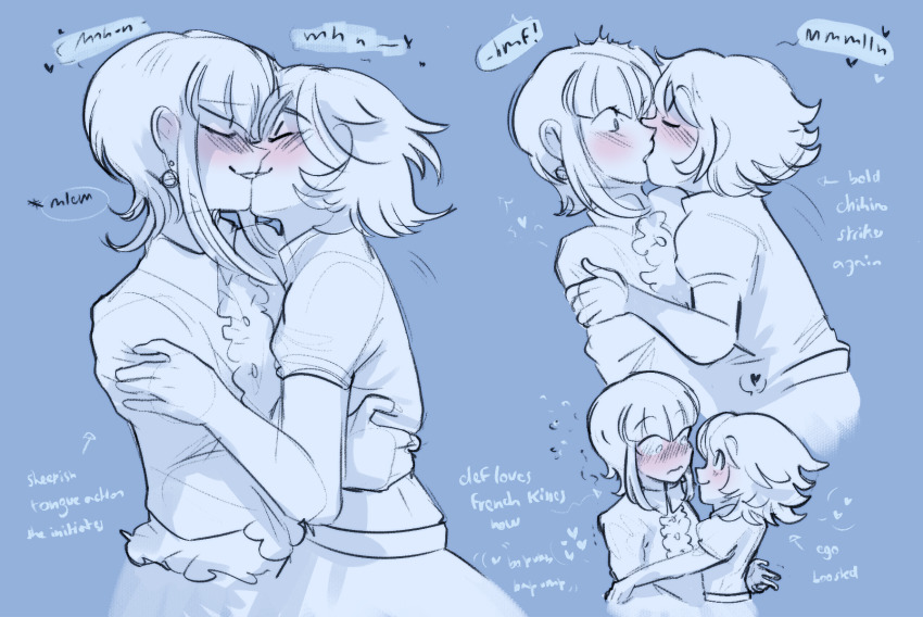 1boy 1girl blue_background blush celestia_ludenberg center_frills danganronpa:_trigger_happy_havoc danganronpa_(series) english_text eye_contact frills fujisaki_chihiro hetero highres hug jacket kiss long_sleeves looking_at_another puffy_short_sleeves puffy_sleeves short_hair short_sleeves smile trap twinklelitchii
