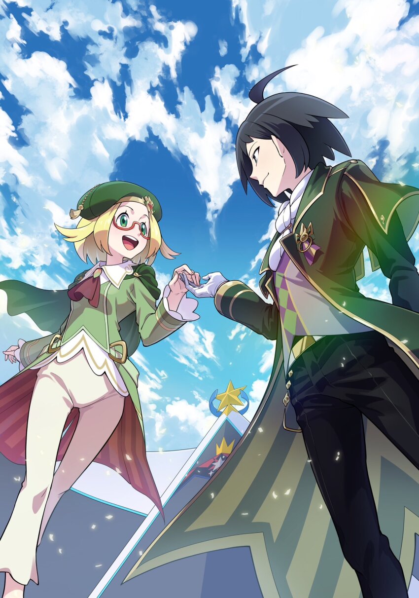 1boy 1girl :d ahoge ascot bianca_(champion)_(pokemon) bianca_(pokemon) black_hair black_pants blonde_hair cheren_(champion)_(pokemon) cheren_(pokemon) closed_mouth cloud coat collared_shirt commentary_request day from_below gloves green_coat green_eyes green_hat hand_up happy hat highres holding_hands nintendo official_alternate_costume open_clothes open_coat open_mouth outdoors pants pokemon pokemon_masters_ex red-framed_eyewear semi-rimless_eyewear shirt short_hair sky smile teeth tongue upper_teeth_only white_gloves white_shirt yuro_(mangasukinoyuro)
