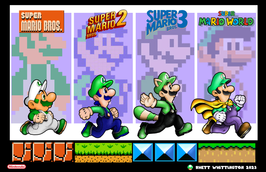 1boy absurdres animal_ears black_hair blue_eyes cape cape_luigi facial_hair gloves green_hair hat highres luigi mario_(series) mustache nintendo overalls power-up raccoon_ears raccoon_luigi raccoon_tail running super_mario_bros._1 super_mario_bros._2 super_mario_bros._3 super_mario_world tail title