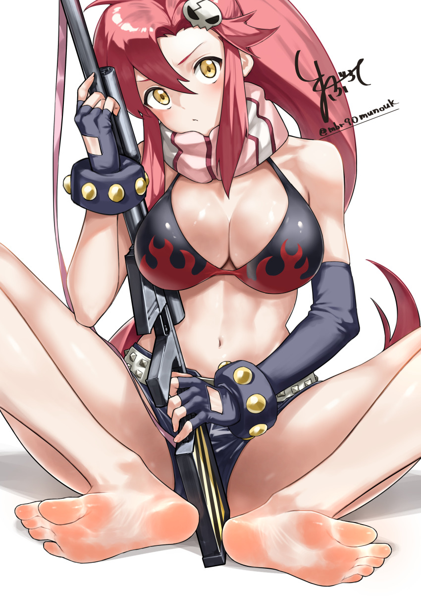 1girl absurdres asymmetrical_gloves bare_legs barefoot belt bikini black_bikini black_gloves black_shorts breasts closed_mouth elbow_gloves feet fingerless_gloves full_body gloves gun hair_between_eyes hair_ornament highres holding knees_apart_feet_together large_breasts looking_at_viewer maburoku navel pink_scarf ponytail red_hair rifle scarf shadow shorts sidelocks signature simple_background sitting skull_hair_ornament soles solo studded_belt swimsuit tengen_toppa_gurren_lagann thighs toes twitter_username weapon white_background yoko_littner