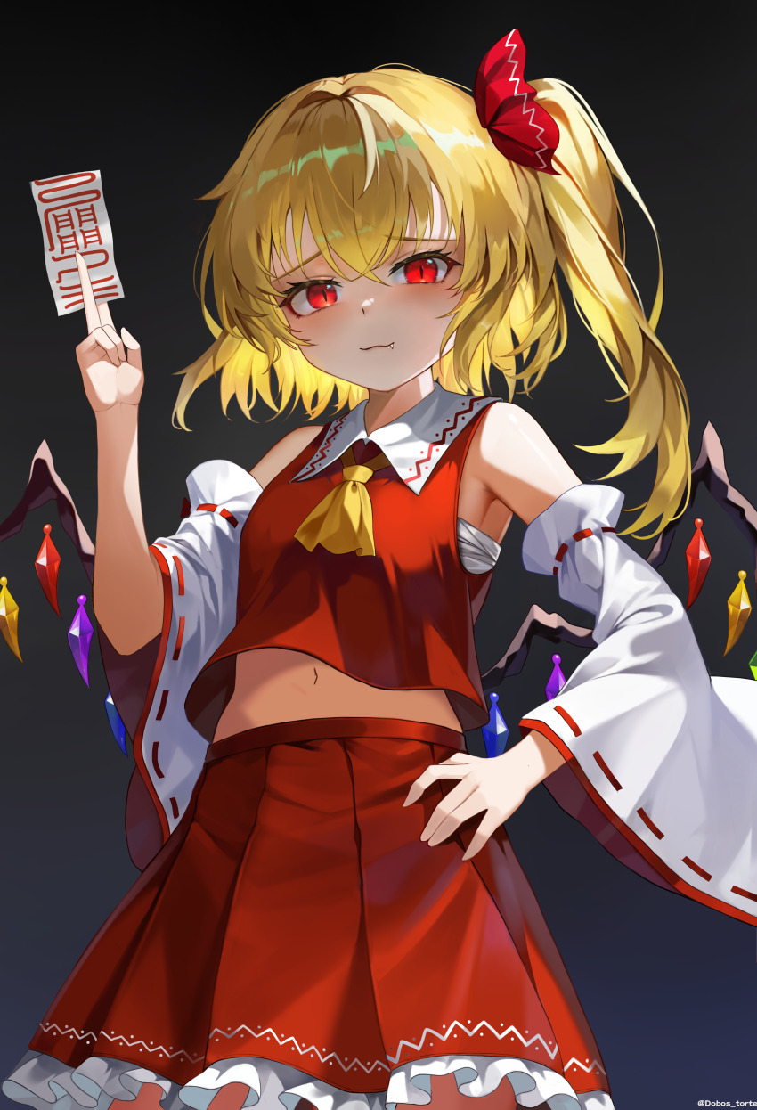 1girl absurdres alternate_costume ascot bare_shoulders between_fingers black_background blonde_hair blush bow breasts chest_sarashi closed_mouth commentary cosplay cowboy_shot crystal detached_sleeves dobostorte english_commentary fang fang_out flandre_scarlet frilled_skirt frills gradient_background hair_between_eyes hair_bow hair_ornament hakurei_reimu hakurei_reimu_(cosplay) hand_on_own_hip highres holding light_smile long_hair long_sleeves looking_at_viewer midriff navel ofuda ofuda_between_fingers one_side_up red_bow red_eyes red_ribbon red_shirt red_skirt ribbon ribbon-trimmed_sleeves ribbon_trim sarashi shirt skirt skirt_set slit_pupils smile solo standing touhou twitter_username wide_sleeves wings yellow_ascot