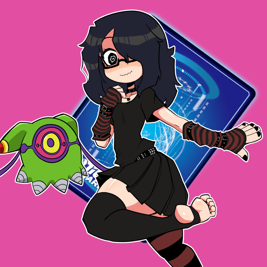 1girl absurdres algomon algomon_baby_ii belt digimon digimon_(creature) highres nail_polish original skirt smile