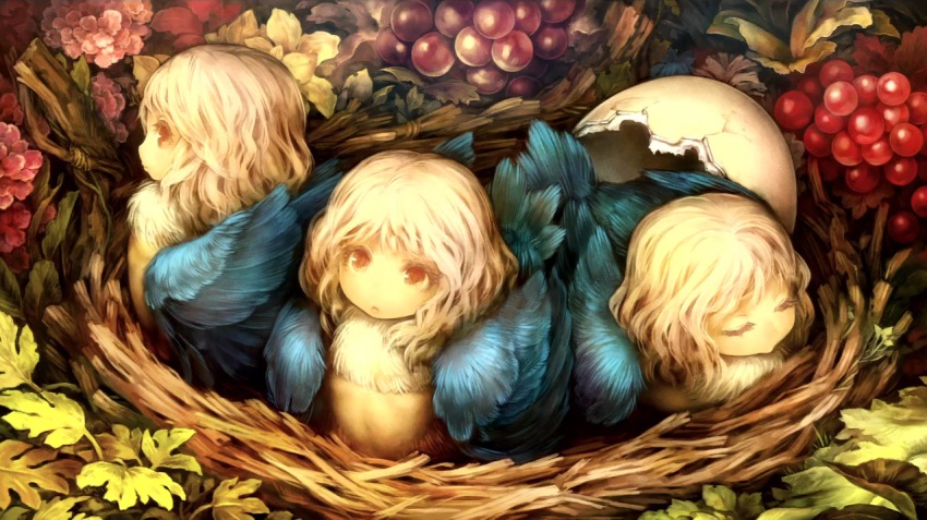 3girls aged_down bird blonde_hair broken_egg chick child closed_mouth dragon&#039;s_crown feathers flower food fruit game_cg grapes harpy harpy_(dragon&#039;s_crown) in_nest leaf long_hair monster_girl multiple_girls nest official_art red_eyes shigatake