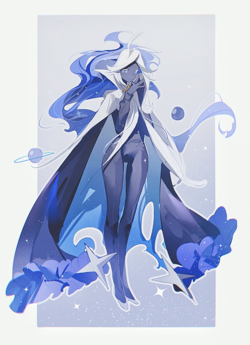 1girl antenna_hair black_bodysuit black_skin blue_capelet blue_eyes blue_hair bodysuit border brooch capelet closed_mouth colored_eyelashes colored_skin commentary cookie_run cookie_run:_kingdom film_grain frilled_capelet frills full_body genderswap genderswap_(mtf) grey_background grey_border hands_up highres humanization jewelry light_frown long_hair looking_at_viewer multicolored_hair outline outside_border own_hands_together parted_bangs senlly_2507 shoes simple_background solo sparkle standing star_brooch stardust_cookie symbol-only_commentary torn_capelet torn_clothes two-sided_capelet two-tone_hair white_eyelashes white_hair white_outline white_shoes wide_hips yellow_brooch
