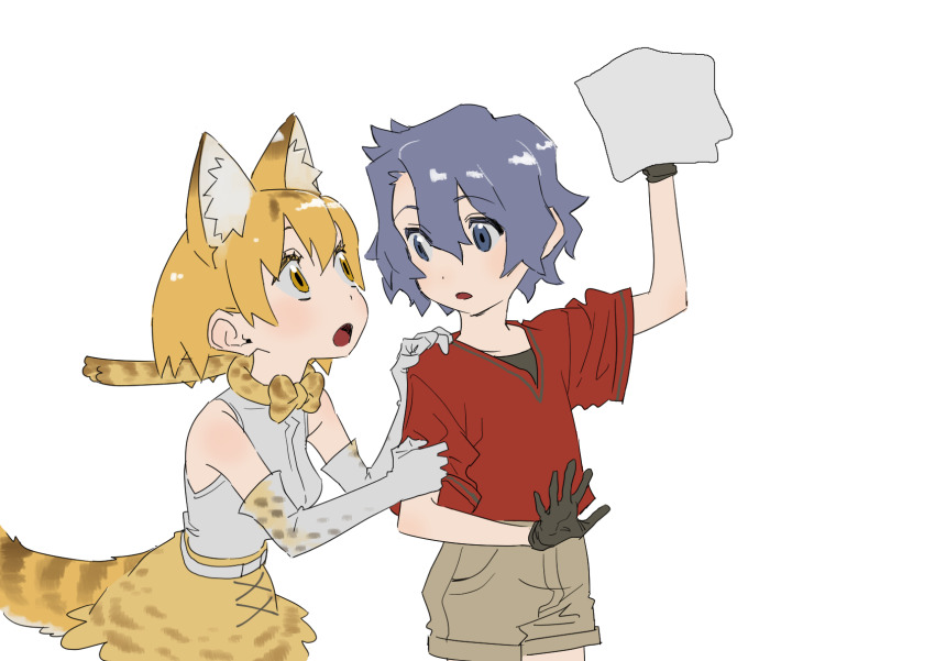 2girls :o against_fourth_wall animal_ear_fluff animal_ears animal_print arm_grab arm_up bare_shoulders beige_shorts belt black_gloves black_undershirt blonde_hair blue_eyes blue_hair bow bowtie cat_ears cleaning cleaning_rag cowboy_shot cross-laced_clothes d: dark_blue_hair dilated_pupils dot_nose elbow_gloves extra_ears eye_contact eyebrows_hidden_by_hair eyelashes eyes_visible_through_hair flat_color gen-san_(x_xxxg) gloves hand_on_another&#039;s_arm hand_on_another&#039;s_shoulder hand_up high-waist_skirt highres kaban_(kemono_friends) kemono_friends looking_at_another looking_to_the_side looking_up multiple_girls negative_space no_headwear open_hand open_mouth parted_bangs print_bow print_bowtie print_gloves print_skirt red_shirt serval_(kemono_friends) shirt shirt_tucked_in short_hair short_sleeves shorts simple_background skirt sleeveless sleeveless_shirt standing striped_tail tail tareme traditional_bowtie undershirt wavy_hair white_background white_belt white_gloves white_shirt yellow_eyes yellow_skirt