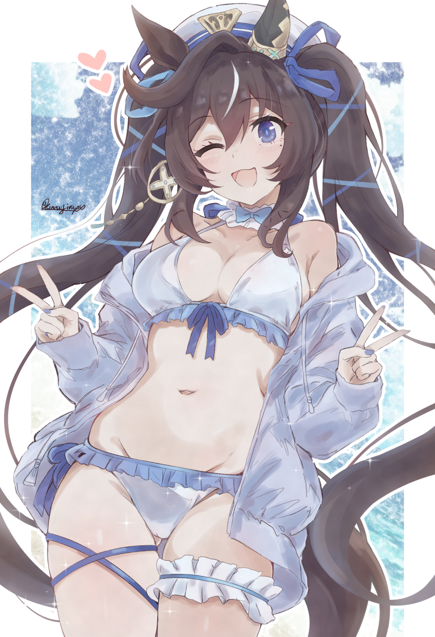 1girl animal_ears beret black_hair blush breasts cleavage collarbone commentary_request double_v earrings fingernails groin hair_between_eyes hair_ornament hat heart highres horse_ears horse_girl horse_tail jacket jewelry kannagiray long_hair looking_at_viewer medium_breasts mole mole_under_eye one_eye_closed open_clothes open_jacket open_mouth signature single_earring solo swimsuit tail umamusume v vivlos_(umamusume)