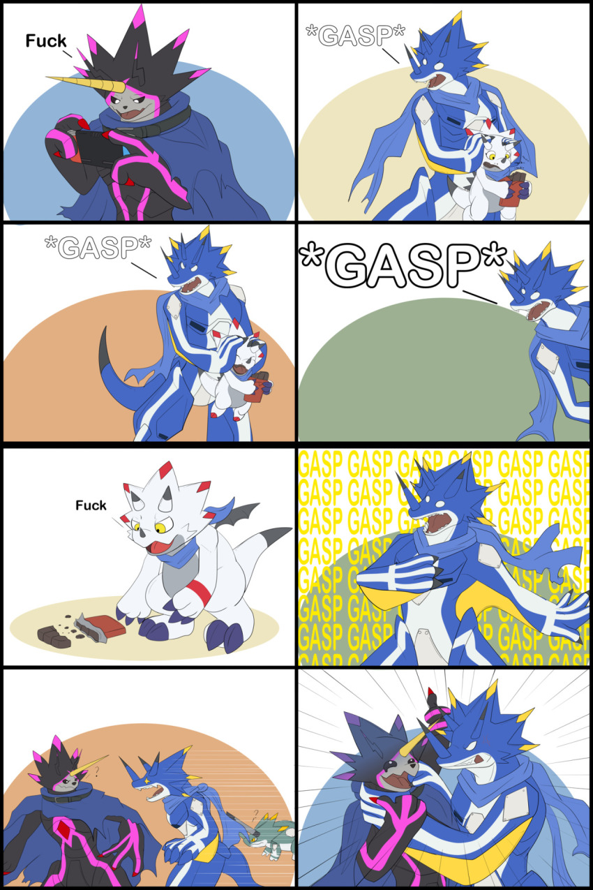 chocolate digimon digimon_(creature) dinosaur_boy gammamon gulusgammamon highres horns kausgammamon looking_at_another meme triceratops wezengammamon