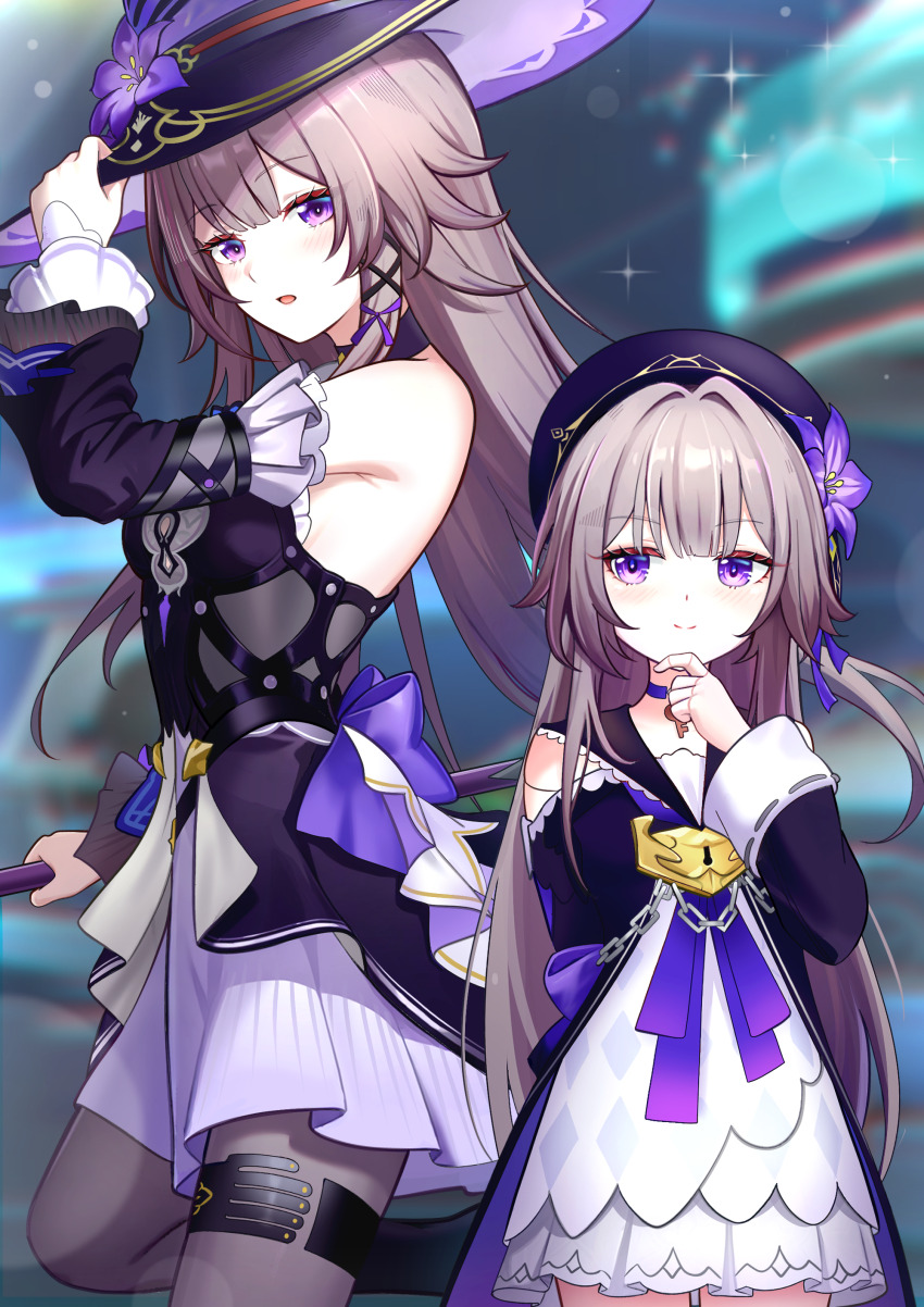 2girls absurdres aviary bare_shoulders black_pantyhose blurry blurry_background choker closed_mouth detached_sleeves dress grey_hair hat herta_(honkai:_star_rail) herta_(puppet)_(honkai:_star_rail) highres honkai:_star_rail honkai_(series) long_hair long_sleeves multiple_girls open_mouth pantyhose purple_choker purple_eyes the_herta_(honkai:_star_rail) very_long_hair witch_hat