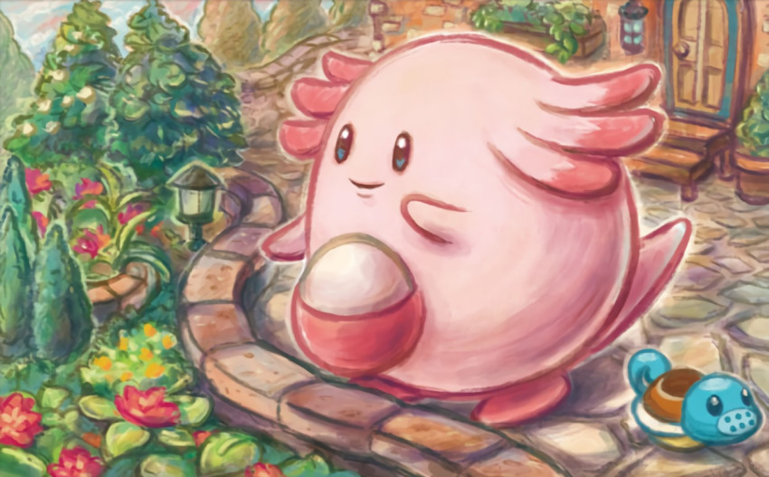 black_eyes chansey closed_mouth creature door flower full_body gen_1_pokemon nintendo no_humans official_art plant pokemon pokemon_(creature) pokemon_tcg smile solo sowsow squirt_bottle squirtle standing third-party_source