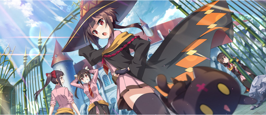 4girls :o belt black_cat black_gloves black_hat black_robe black_thighhighs blue_sky bow braid brown_belt brown_hair cat chomusuke clothes_around_waist crown_braid diagonal-striped_clothes diagonal-striped_necktie dodonko_(konosuba) dress fingerless_gloves from_above funifura game_cg gloves grin hair_bow hair_ornament hand_on_headwear hand_on_own_hip hands_on_own_head hat highres kono_subarashii_sekai_ni_bakuen_wo! kono_subarashii_sekai_ni_shukufuku_wo! konosuba!_fantastic_days long_hair looking_at_viewer looking_back looking_down low_twintails matching_outfits megumin multiple_girls necktie off_shoulder official_alternate_costume official_art open_mouth orange_necktie pink_dress ponytail red_bow red_eyes red_necktie red_prison_magic_school_uniform robe school school_uniform short_dress short_hair short_hair_with_long_locks sidelocks sky smile striped_clothes sunlight thighhighs twintails two-sided_fabric two-sided_robe two-tone_necktie white_bow wide_sleeves wings witch_hat x_hair_ornament yunyun_(konosuba) zettai_ryouiki