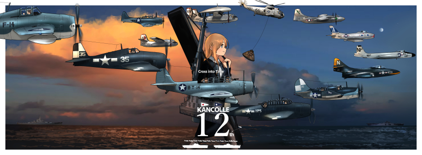 6+girls absurdres aircraft airplane alternate_hair_color amphibious_helicopter anniversary battleship black_pantyhose black_skirt blue_eyes bolt_action bomber_jacket brown_hair cloud day dress_shirt fairy_(kancolle) gun helicopter highres hornet_(kancolle) jacket kantai_collection long_hair m1903_springfield military_vehicle mini_person minigirl multiple_girls ocean outdoors pantyhose pencil_skirt rifle rigging ship shirt skirt timmyyen warship watercraft weapon weapon_case