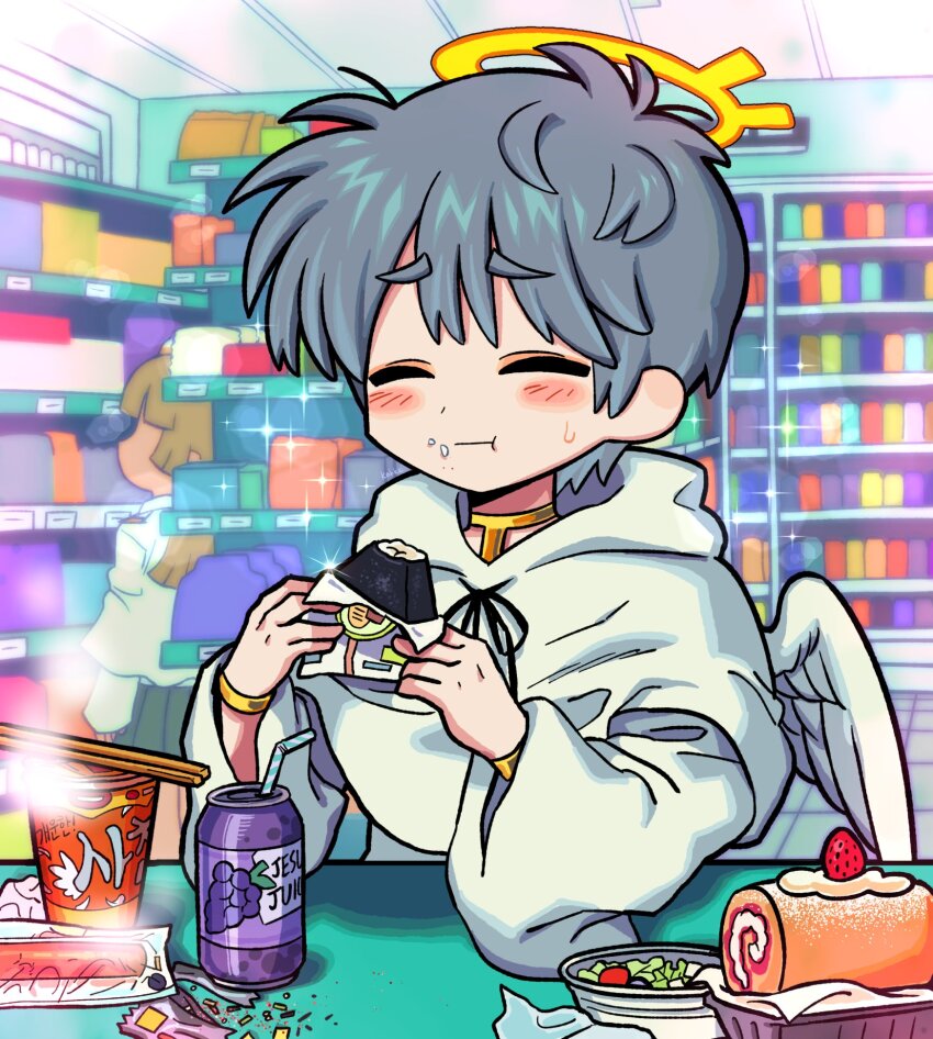 2girls angel angel_wings can capelet closed_eyes commentary convenience_store cup_ramen drink_can eating english_commentary feathered_wings food food_on_face grey_hair halo highres holding holding_food hood hood_down hooded_capelet indoors long_sleeves multiple_girls onigiri original satanmanse shelf shop short_hair white_capelet white_wings wide_sleeves wings