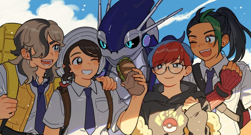 1boy 2girls 2hyu_00 ;d arven_(pokemon) backpack bag black_hair blue_eyes blue_hair blush braid brown_eyes closed_mouth cloud collared_shirt day fingerless_gloves food glasses gloves green_hair grey_hair grin hair_over_one_eye hat highres holding holding_food holding_sandwich hood hood_down hoodie juliana_(pokemon) long_hair long_sleeves miraidon multicolored_hair multiple_girls necktie nemona_(pokemon) nintendo one_eye_closed open_clothes open_mouth open_vest orange_eyes outdoors penny_(pokemon) poke_ball_print pokemon pokemon_(creature) pokemon_sv print_hoodie purple_necktie red_gloves red_hair round_eyewear sandwich shirt short_hair short_sleeves single_braid smile two-tone_hair vest white_hat white_shirt yellow_vest