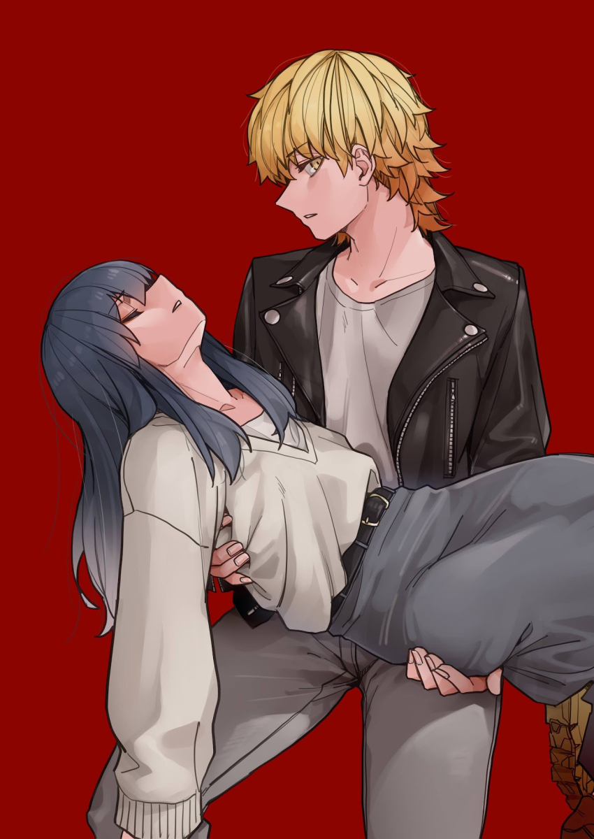 1boy 1girl akizakura_iori belt black_hair black_jacket blonde_hair crossdressing highres ikemen_joshi_to_josou_danshi jacket long_hair open_clothes open_jacket pants red_background reverse_trap rindou_hazuki shirt tadd_(tatd)
