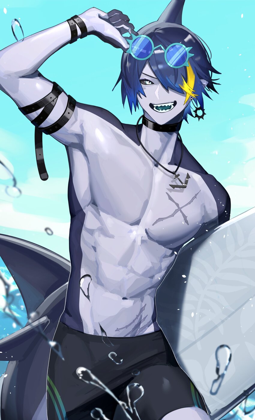 1boy absurdres black_choker black_sclera black_shorts black_straps choker colored_sclera eyewear_on_head fins fish_tail highres indie_virtual_youtuber jewelry looking_at_viewer magic_necro male_focus monster_boy necklace no_shirt pointy_ears scar scar_on_chest second-party_source shark_boy shark_fin shark_tail sharp_teeth shorts surfboard tail teeth