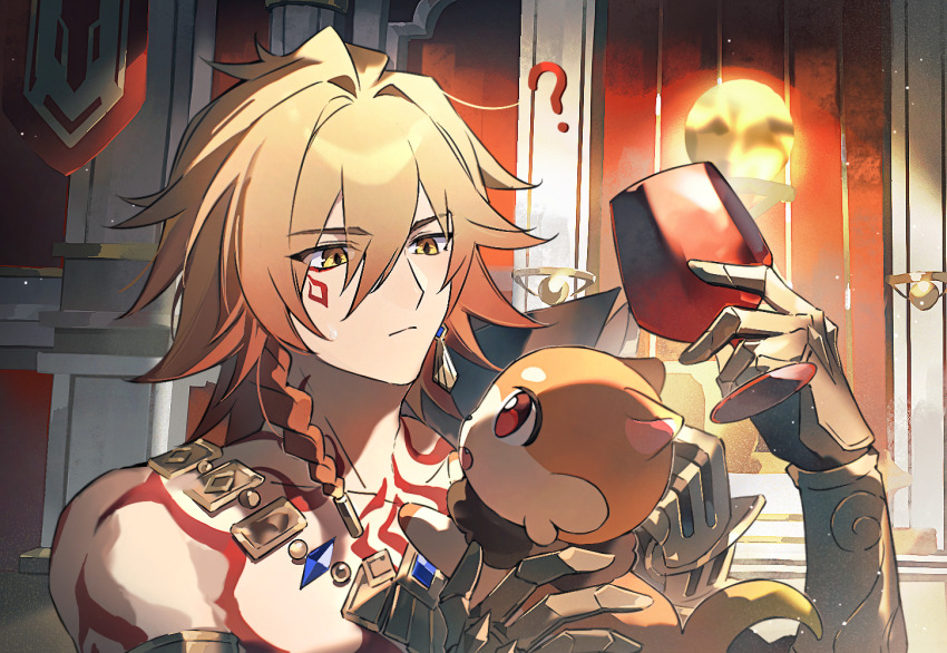1boy ? arm_up armlet armor black_coat blonde_hair braid chinese_commentary clawed_gauntlets coat commentary_request cup earrings gold_earrings gold_necklace gradient_hair hair_between_eyes holding holding_cup honkai:_star_rail honkai_(series) indoors jewelry male_focus medium_hair multicolored_hair mydei_(honkai:_star_rail) necklace open_clothes open_coat osamu18568716 pauldrons red_hair shoulder_armor side_braid single_pauldron solo yellow_eyes