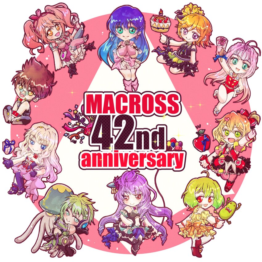 1boy absurdres ahoge bare_shoulders blonde_hair blue_eyes blue_hair bow breasts brown_eyes brown_hair chibi choujikuu_yousai_macross cleavage dress earrings freyja_wion glasses gloves green_eyes green_hair hair_between_eyes hair_bow hair_ornament happy_anniversary headphones heart heart_hair_ornament highres jellyfish jewelry kaname_buccaneer long_hair looking_at_viewer lynn_minmay macross macross_7 macross_delta macross_frontier makina_nakajima mikumo_guynemer multicolored_hair multiple_girls mylene_jenius nagisa_tomo nekki_basara open_mouth orange_hair pants pink_hair pointy_ears purple_eyes purple_hair ranka_lee red_eyes red_hair reina_prowler round_eyewear sheryl_nome shirt short_hair skirt smile spiked_hair streaked_hair thighhighs twintails two-tone_hair very_long_hair walkure_(macross_delta) yellow_eyes