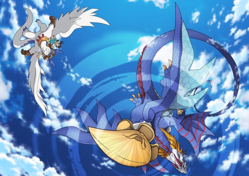 blonde_hair digimon digimon_(creature) dragon flying goggles goggles_on_head legendz legendz_(creature) shiron_(legendz) short_hair shuzo_matsutani tail wingdragon wingdramon wings