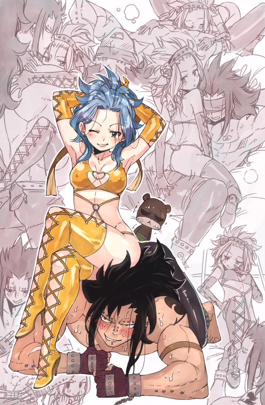 1girl 2boys abs arm_tattoo arms_behind_head bite_mark_on_stomach black_hair blue_hair blush boots carrying carrying_person cat clenched_hands commentary covered_eyes cross-laced_footwear crossed_legs elbow_gloves english_commentary fairy_tail fingerless_gloves gajeel_redfox gloves hairband hand_on_another&#039;s_crotch high_heel_boots high_heels highres hug kissing_foot levy_mcgarden looking_at_viewer lying medium_hair multiple_boys muscular muscular_male o-ring on_back one_eye_closed oral pantherlily planking rusky sidelocks sitting sitting_on_person smile sweatdrop tattoo thigh_boots tumblr_username whiskers yellow_gloves yellow_hairband