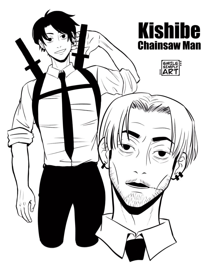 1boy artist_name black_hair black_necktie black_pants chainsaw_man chest_belt collared_shirt curtained_hair ear_piercing facial_hair greyscale highres kishibe_(chainsaw_man) kishibe_(young)_(chainsaw_man) looking_at_viewer monochrome necktie pants piercing shirt short_hair simple_background sleeves_rolled_up smilesimplyart stitched_face stitched_mouth stitches stubble undercut weapon weapon_on_back white_background white_hair white_shirt