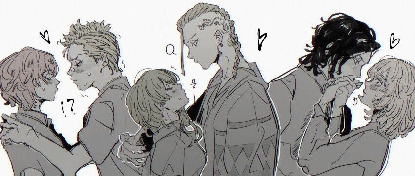 3boys 3girls blush bo_toike57 braid braided_ponytail closed_eyes closed_mouth couple earrings greyscale hanagaki_takemichi hands_on_another&#039;s_shoulders hands_up hetero highres inui_akane jacket jewelry kokonoi_hajime long_hair long_sleeves monochrome multiple_boys multiple_girls profile puckered_lips ryuuguuji_ken sano_emma shirt short_hair single_braid single_earring sketch sweatdrop tachibana_hinata_(tokyo_revengers) tattoo tokyo_revengers