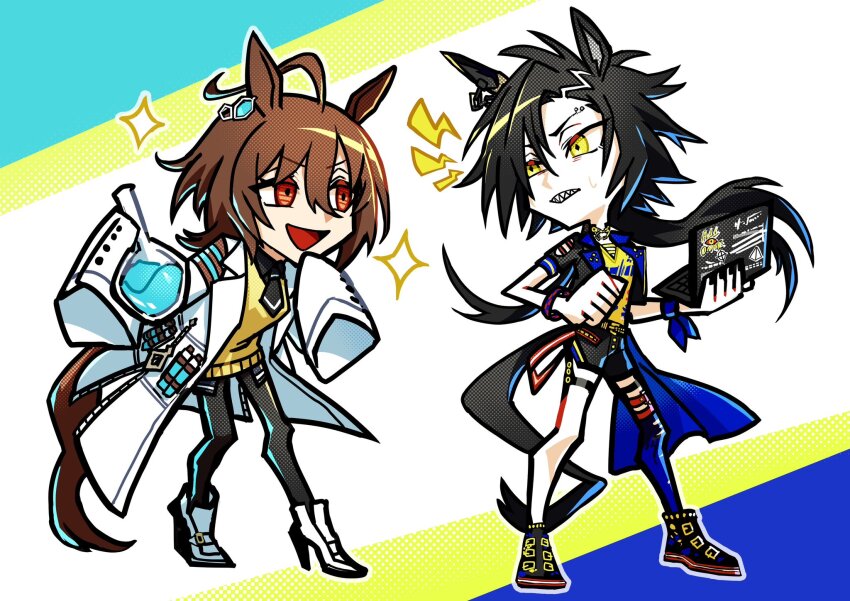 2girls agnes_tachyon_(umamusume) air_shakur_(umamusume) animal_ears black_hair black_jacket brown_eyes brown_hair coat commentary_request computer deformed flask full_body highres holding holding_flask holding_laptop horse_ears horse_girl horse_tail jacket lab_coat laptop long_hair looking_at_another momomo_906 multiple_girls pantyhose round-bottom_flask sharp_teeth shorts standing sweater tail teeth umamusume white_coat yellow_eyes yellow_sweater
