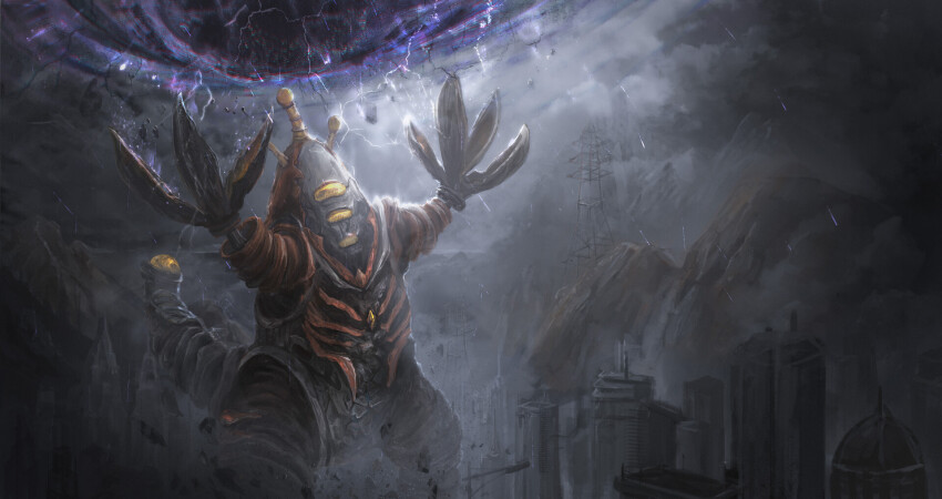 alien black_electricity building cliff cloud cloudy_sky cyborg debris dirt electricity energy energy_ball fog giant giant_monster gigabash glowing highres jingming_(tiny) kaiju monster mountain no_humans overcast passion_republic_games pincers pipijuras purple_electricity seijin sky space_monster supervillain tail transmission_tower white_electricity