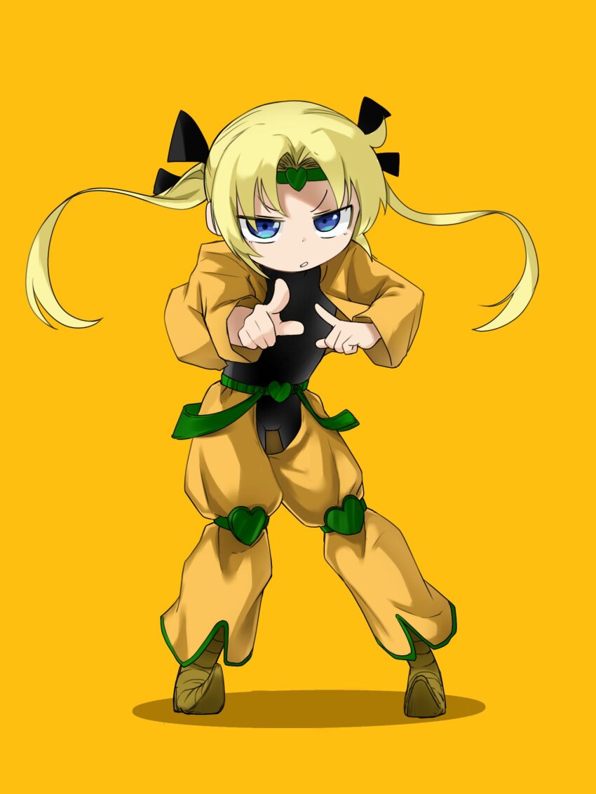 1girl :o belt black_bodysuit black_ribbon blonde_hair blue_eyes bodysuit commentary_request cosplay crotch_cutout dio_brando dio_brando_(cosplay) floating_hair full_body fusuma_(suwaru_boom) glaring green_belt hair_ribbon heart_headband heart_kneepads highres index_fingers_raised jacket jojo_no_kimyou_na_bouken kill_me_baby knee_pads long_hair long_sleeves open_clothes open_jacket pants parted_bangs parted_lips pointing pointing_at_viewer pointy_footwear puffy_pants ribbon shoes solo sonya_(kill_me_baby) standing stardust_crusaders twintails v-shaped_eyebrows yellow_background yellow_jacket yellow_pants yellow_shoes