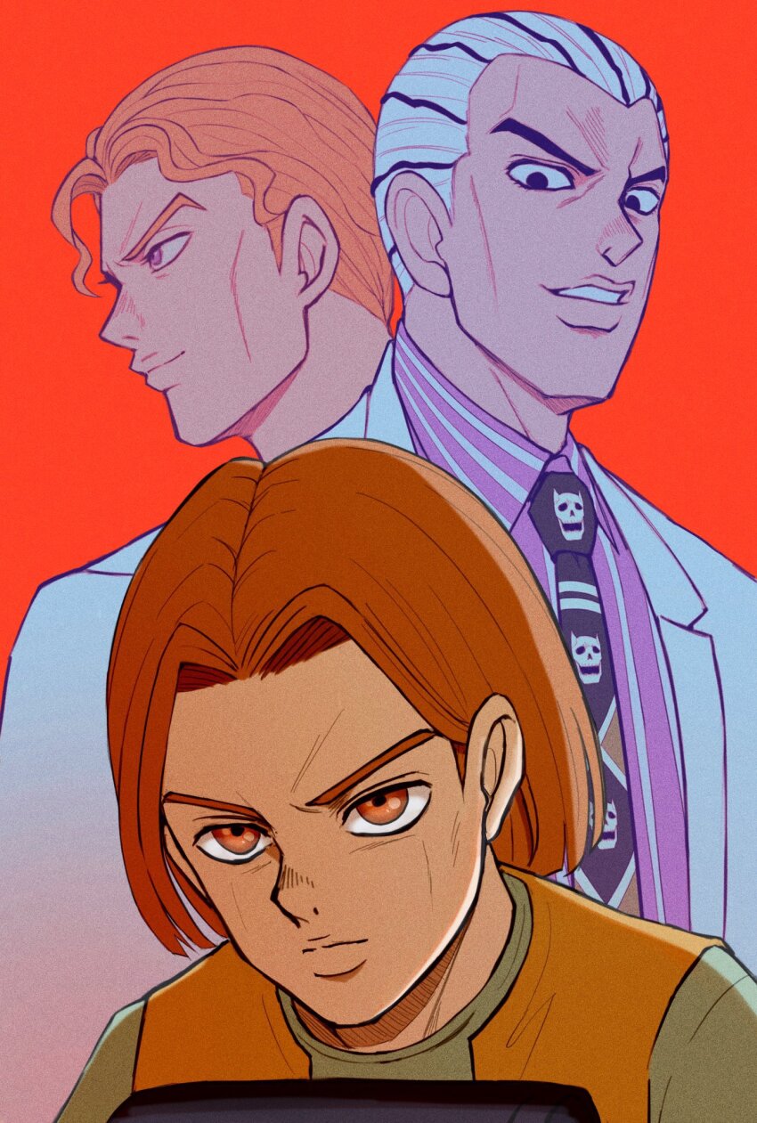 3boys black_hair blonde_hair brown_eyes brown_hair commentary_request diamond_wa_kudakenai dual_persona formal_clothes hair_slicked_back highres jojo_no_kimyou_na_bouken kawajiri_hayato kawajiri_kosaku kira_yoshikage male_focus multiple_boys necktie orange_vest patterned_clothing red_background serious shirt smile striped_clothes striped_shirt suit takumi1230g vest white_hair white_suit