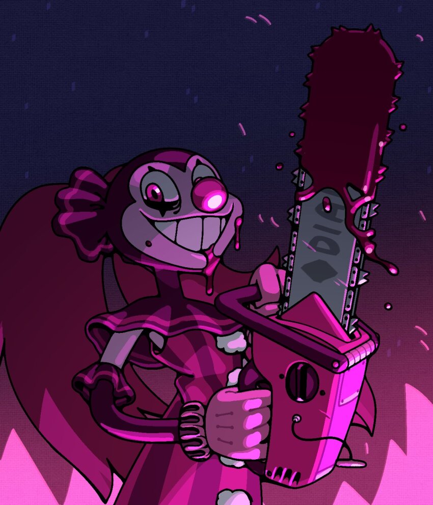 1girl adventure_time alternate_costume blood blood_on_face chainsaw clown clown_nose colored_skin discount-supervillain gloves highres holding long_hair makeup parted_lips pink_eyes pink_gloves pink_hair pink_skin smile solo spinel_(steven_universe) teeth twintails