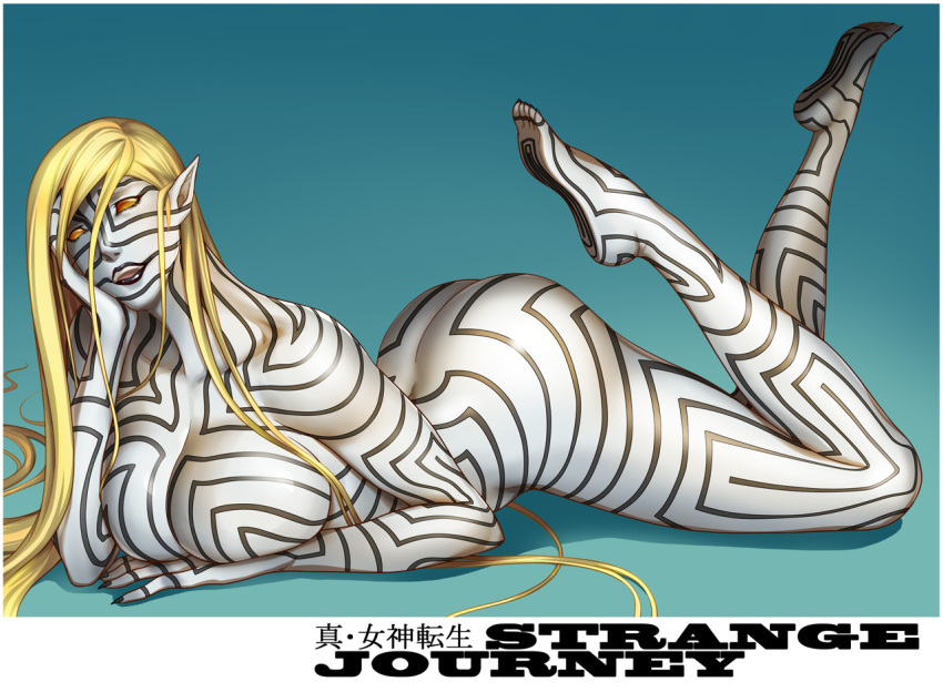arm_under_breasts asherah_(megami_tensei) ass barefoot black_lips blonde_hair body_markings border breasts carny cleavage colored_sclera demon demon_(megami_tensei) demon_girl english_text full-body_tattoo hair_between_eyes hand_on_own_head large_breasts legs_up long_hair lying nude on_stomach open_mouth pointy_ears shin_megami_tensei shin_megami_tensei:_strange_journey simple_background tattoo white_border yellow_sclera