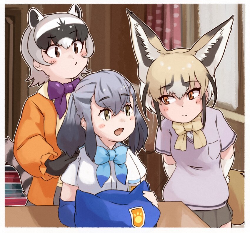 3girls absurdres animal_ears beret blonde_hair blue_bow blue_bowtie blue_headwear blush bow bowtie brown_eyes brown_gloves brown_hair brown_skirt collared_shirt commentary_request crab-eating_raccoon_(kemono_friends) elbow_gloves extra_ears fox_ears fox_girl fox_tail fur_trim gloves green_eyes grey_hair hair_between_eyes hands_on_another&#039;s_shoulders hat unworn_hat unworn_headwear highres hikari_(kemono_friends) jacket japari_symbol kemono_friends kemono_friends_3 long_sleeves multicolored_hair multiple_girls orange_eyes orange_jacket pink_shirt pleated_skirt puffy_sleeves purple_bow purple_bowtie raccoon_ears raccoon_girl raccoon_tail rueppell&#039;s_fox_(kemono_friends) shirt short_hair short_sleeves sitting skirt t-shirt tail toriny white_fur white_gloves white_hair white_shirt yellow_shirt