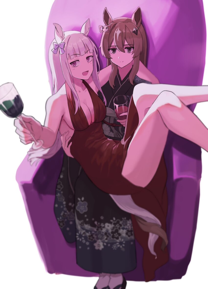 2girls alcohol alternate_costume alternate_hairstyle animal_ears bare_shoulders black_dress black_kimono blunt_bangs bow breasts brown_hair carrying cleavage collarbone couch cowboy_shot cup dress drinking_glass full_body gold_ship_(umamusume) hair_bow hair_ornament hand_on_own_shoulder hand_up highres holding holding_cup horse_ears hug japanese_clothes justaway kimono legs long_hair looking_at_viewer medium_breasts multicolored_hair multiple_girls on_couch princess_carry red_wine rukaruka_ek sitting sleeveless sleeveless_dress smile thighhighs two-tone_hair umamusume white_background white_hair wide_sleeves wine wine_glass yuri