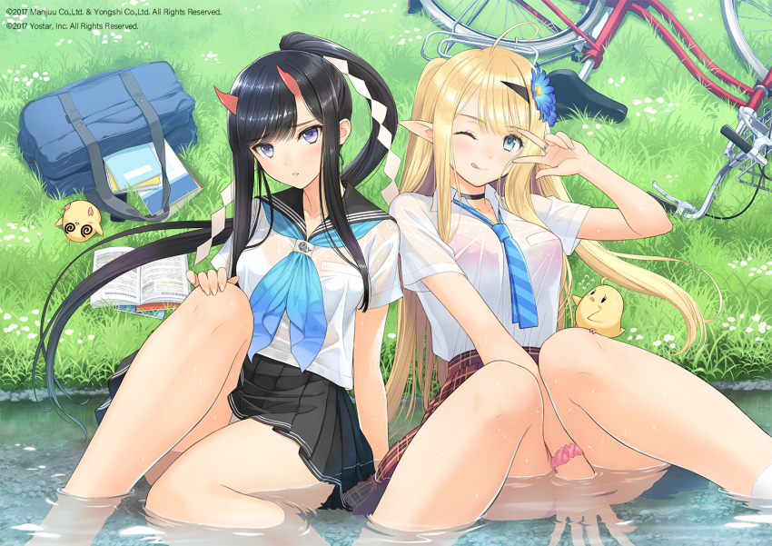 2girls azur_lane baby_animal bird blunt_bangs blush centaur_(azur_lane) chick commentary_request diagonal-striped_clothes diagonal-striped_necktie looking_at_viewer manjuu_(azur_lane) multiple_girls necktie official_art outdoors parted_lips plaid_clothes plaid_skirt ponytail ryuuhou_(azur_lane) school_uniform serafuku sitting skirt smile striped_clothes tony_taka v v_over_eye