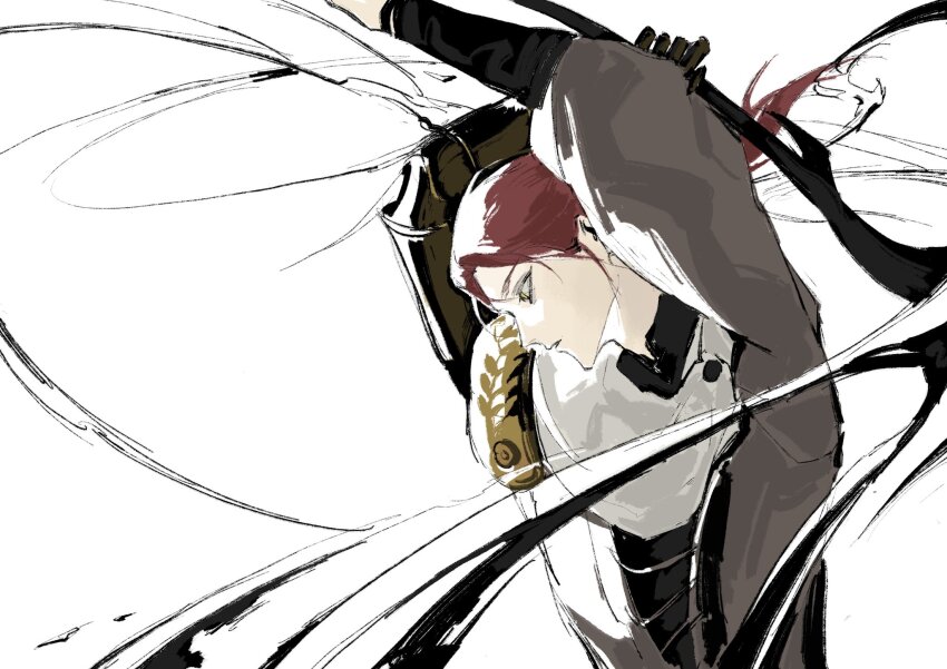 1girl attack brown_cloak cloak elden_ring highres holding holding_sword holding_weapon jiao_chang red_hair solo sword upper_body weapon white_background
