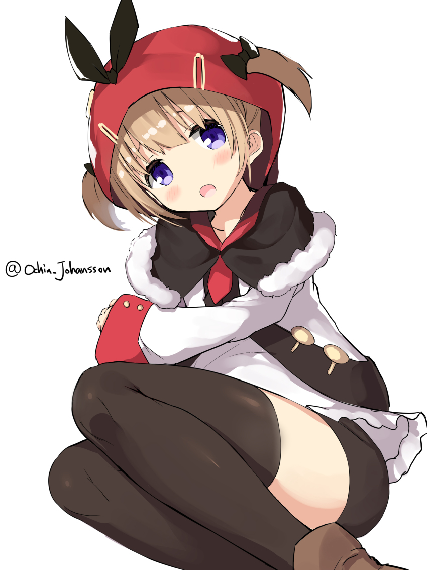 1girl absurdres azur_lane black_capelet black_shorts black_thighhighs blush boots brown_boots brown_hair capelet eyebrows_hidden_by_hair fur-trimmed_capelet fur_trim hair_through_headwear highres hood hood_up long_sleeves looking_at_viewer norfolk_(azur_lane) ochinsama open_mouth purple_eyes shirt short_shorts shorts simple_background sleeves_past_wrists solo thighhighs thighhighs_under_boots twitter_username two_side_up white_background white_shirt