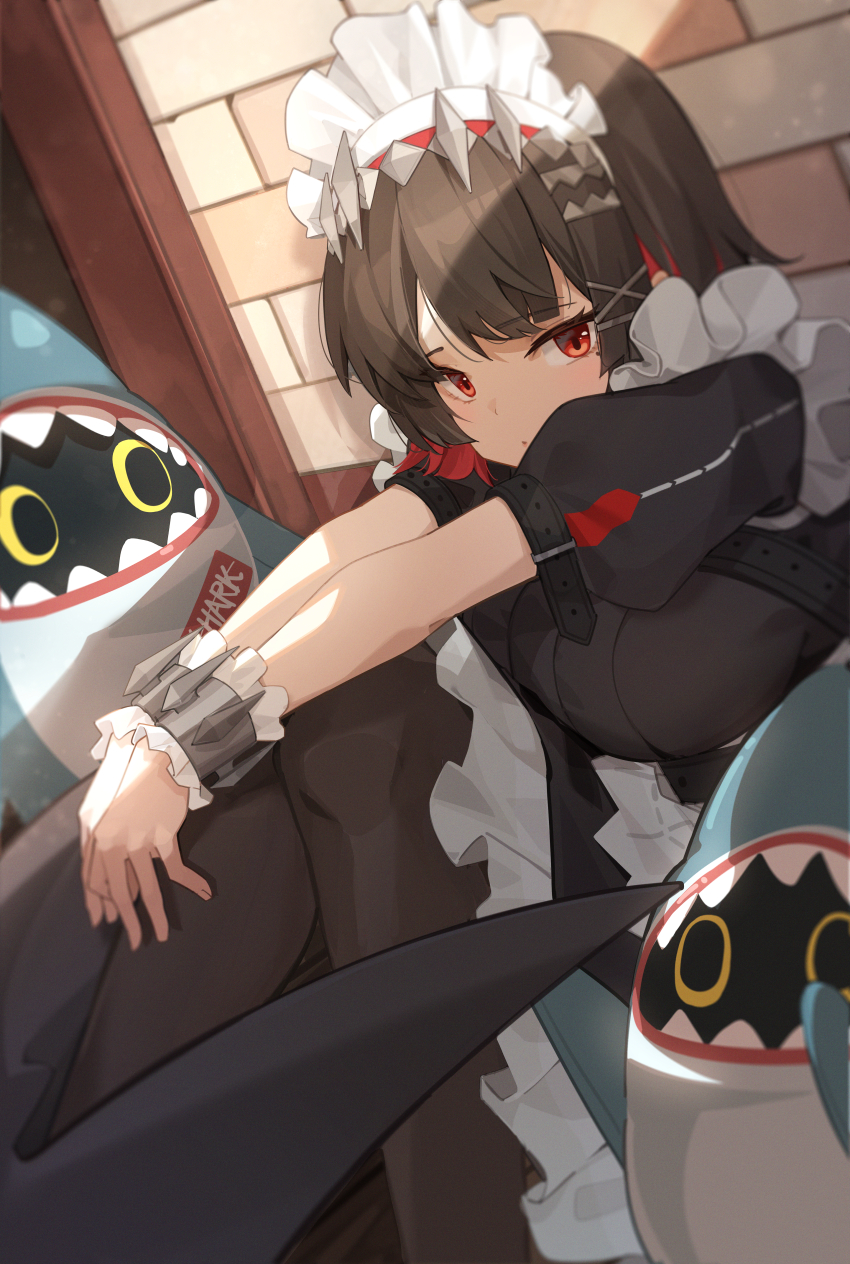 1girl absurdres apron bangboo_(zenless_zone_zero) belt belt_buckle black_hair black_pantyhose breasts buckle colored_inner_hair dress ellen_joe fins fish_tail frilled_wrist_cuffs frills hair_ornament highres looking_at_viewer maid maid_headdress metal_hairband metal_wrist_cuffs mole mole_under_eye multicolored_hair opm7760 pantyhose puffy_short_sleeves puffy_sleeves red_eyes red_hair shark_girl shark_tail sharkboo_(zenless_zone_zero) sharp_teeth short_hair short_sleeves spiked_headband tail teeth two-tone_hair waist_apron white_apron wrist_cuffs zenless_zone_zero