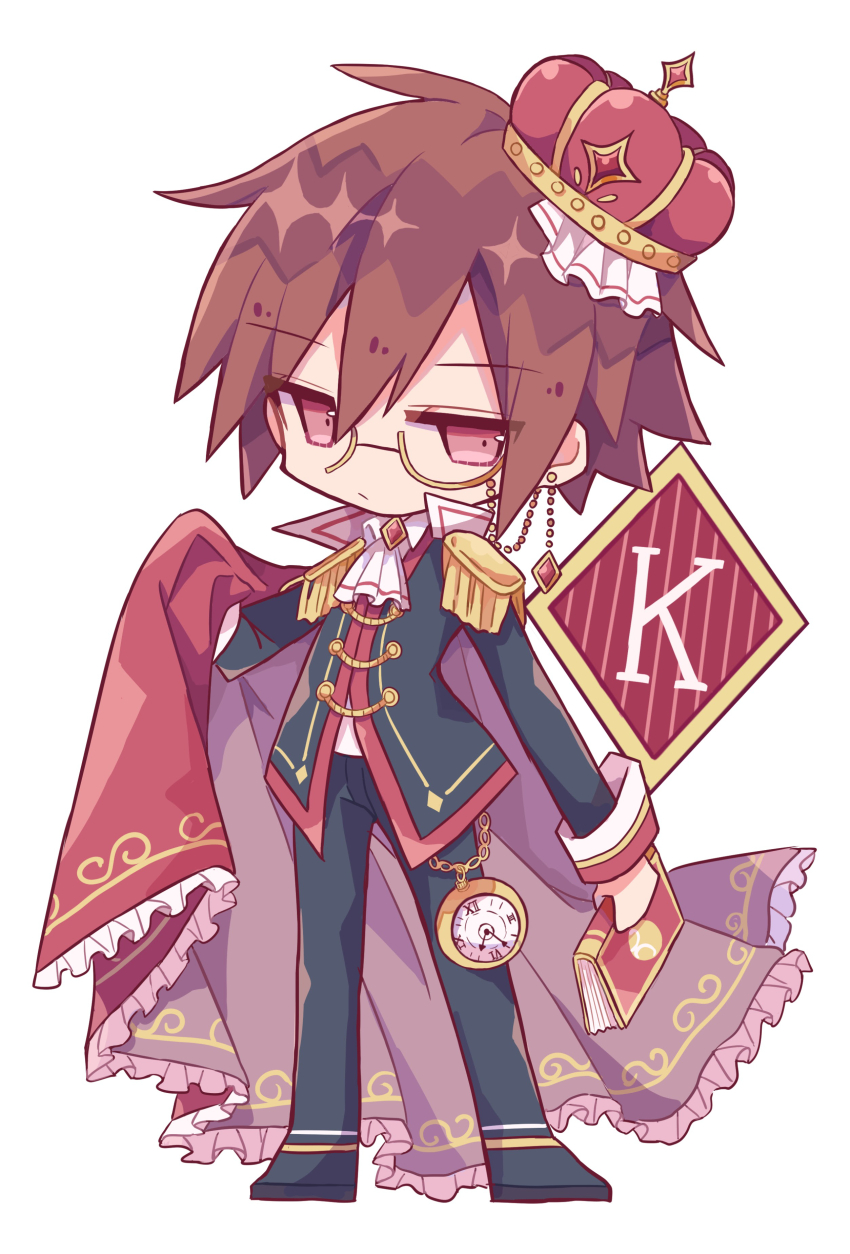 1boy absurdres ascot black_jacket black_pants black_shoes book brown_hair cape chibi chibi_only closed_mouth commentary_request crown frilled_cape full_body futaba969649 glasses highres holding holding_book jacket klug_(puyopuyo) long_sleeves looking_at_viewer male_focus pants pocket_watch puyopuyo red_cape red_crown red_eyes semi-rimless_eyewear shoes short_hair simple_background solo standing strange_klug under-rim_eyewear watch white_ascot white_background