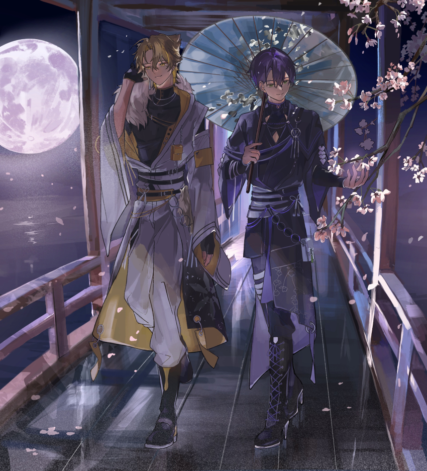 2boys absurdres black_boots black_gloves blonde_hair boots cherry_blossoms closed_mouth falling_petals fingerless_gloves full_body full_moon fushimi_gaku gloves green_eyes highres holding holding_umbrella japanese_clothes jewelry kenmochi_touya male_focus mole mole_under_eye moon multiple_boys necklace nijisanji oil-paper_umbrella petals pink_petals purple_hair standing sumi_(n29250) umbrella virtual_youtuber yellow_eyes