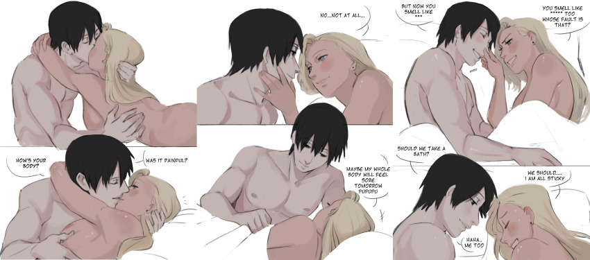 1boy 1girl absurdres aftersex black_hair blonde_hair blue_eyes blush boruto:_naruto_next_generations breast_press breasts couple english_text hetero highres hug husband_and_wife kiss lipstick makeup medium_breasts monday_mint naruto naruto_(series) nipples on_bed sai smile toned toned_male yamanaka_ino
