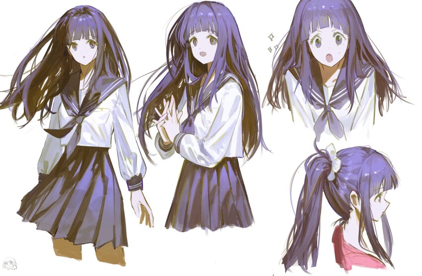 1girl :o black_hair black_sailor_collar black_skirt chitanda_eru highres hyouka kamiyama_high_school_uniform_(hyouka) long_hair looking_at_viewer lunifish neckerchief open_mouth own_hands_clasped own_hands_together ponytail purple_eyes sailor_collar school_uniform serafuku shirt skirt smile solo white_background white_shirt