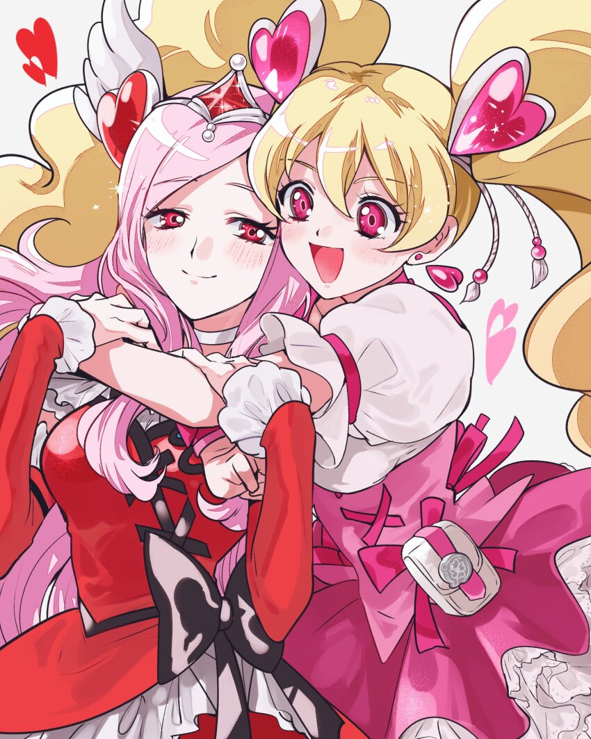 2girls absurdres arm_around_neck asako_(itiba) blonde_hair breasts choker closed_mouth couple cowboy_shot cure_passion cure_peach detached_sleeves dress earrings eyelashes facing_viewer fresh_precure! frilled_dress frills hair_between_eyes hair_ornament hand_on_another&#039;s_arm heart heart_earrings heart_hair_ornament higashi_setsuna highres hug hug_from_behind jewelry long_hair looking_at_another magical_girl medium_breasts momozono_love multiple_girls open_mouth parted_bangs pink_choker pink_dress pink_eyes pink_hair precure puffy_short_sleeves puffy_sleeves red_dress red_eyes short_sleeves simple_background smile standing tassel tassel_hair_ornament tiara twintails white_background white_choker wing_hair_ornament yuri